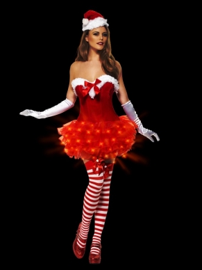 Leuk voor een kerstfeest of kerstgala: Sexy Strapless Kerstvrouw Kostuum met Lichtjes in de rok en kerstmuts. De accessoires verkopen we los met leuke kortingen. 