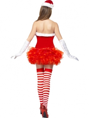 Leuk voor een kerstfeest of kerstgala: Sexy Strapless Kerstvrouw Kostuum met Lichtjes in de rok en kerstmuts. De accessoires verkopen we los met leuke kortingen. 