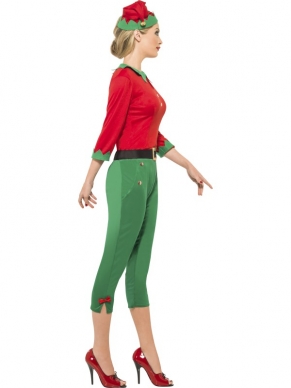 Santa's Helper Dames Kostuum - rode top, groene 3/4 broek en elfenmutsje. 