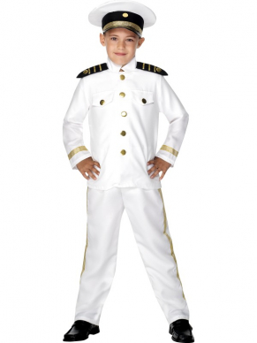 Kapitein Kinder Verkleedkleding, bestaande uit het jasje met broek en pet.