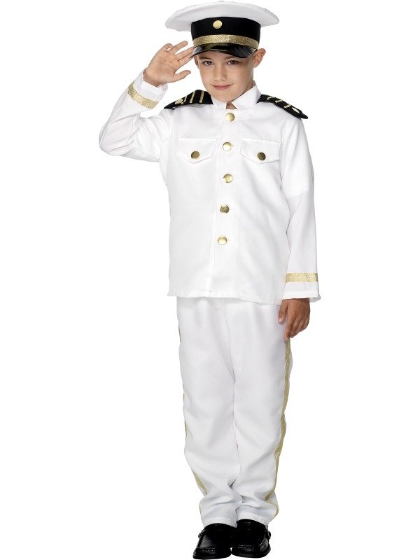 Kapitein Kinder Verkleedkleding, bestaande uit het jasje met broek en pet.