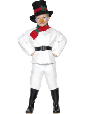 Sneeuwpop Jongens Kostuum - compleet Sneeuwpop kostuum, inclusief wit shirt met zwarte riem, witte broek, hoed, sjaal en wortel neus.