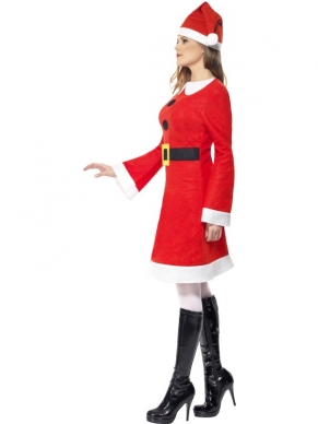 Miss Santa Fleece Jurk - kerstvrouw jurk met zwarte knopen en riem.