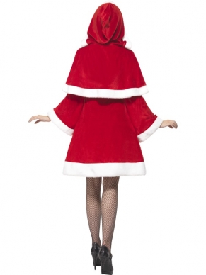 Miss Santa in the City Kostuum - compleet Kerstvrouw kostuum, inclusief kerstvrouw jurk met lange uitlopende mouwen en zakken en cape met capuchon.