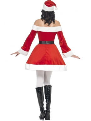 Miss Santa Kostuum - compleet Kerstvrouw kostuum, inclusief rood - witte jurk met lange mouwen, zwarte riem en kerstmuts.
