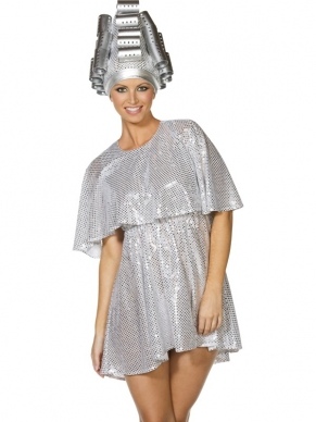 Grease Dream Sequence Dancer Zilveren Verkleedkleding. Inbegrepen is de schitterende zilveren jurk en zilveren hoed met rollers.