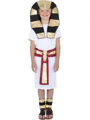 Egyptische Jongen Verkleedkleding. Inbegrepen is de Egyptische witte jurk met riem, Egyptishe hoofddeksel en enkelbanden.