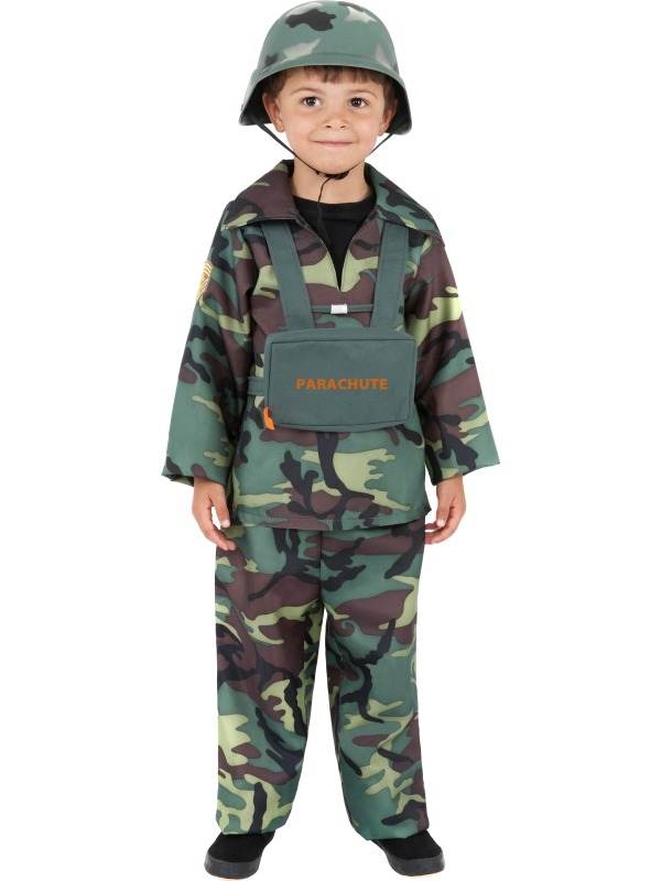 Leger Soldaat Jongens Verkleedkleding. Inbegrepen is het leger shirt, de broek en de Parachute Backpack.
