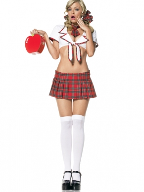 4 Delig Kostschool Miss Prep Schoolmeisje Verkleedkostuum Leg Avenue. Inbegrepen is de korte geruite rok, kort wit topje, stropdasje (geruit zoals het rokje) en haarstrikjes ook zoals het geruite rokje. 