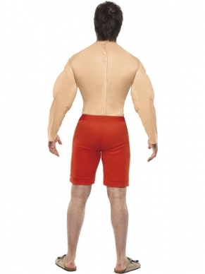 Baywatch Lifeguard Here Kostuum met rode zwembroek en gespierde borstkast.