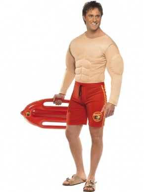 Baywatch Lifeguard Here Kostuum met rode zwembroek en gespierde borstkast.