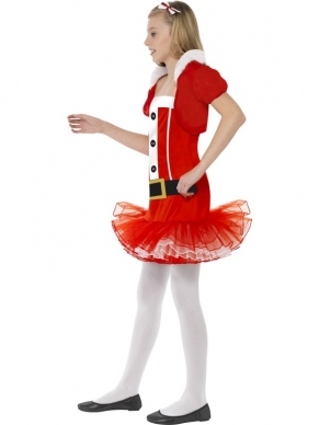 Little Miss Santa Kerstvrouw Kostuum met Tutu - mooi rood jurkje met print en tutu rok, inclusief bolero en rode diadeem met strikje.