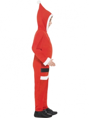 Kerstman Onesie Kostuum - onesie met capuchon en kerstman print.