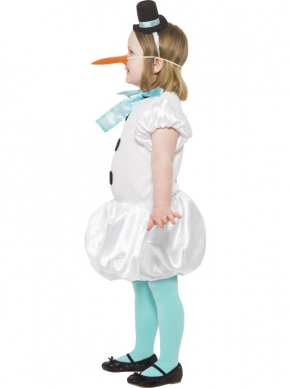 Sneeuwpop Meisjes Kostuum - compleet Sneeuwpop kostuum, inclusief wit jurkje met lichtblauw sjaaltje (zit aan de jurk vast), zwart hoedje, wortel neus en lichtblauwe panty.
