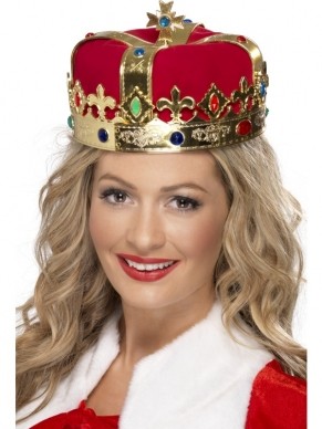 Mooie Koninginnekroon - plastic rood - gouden kroon met gekleurde steentjes. Maakt je Koningin kostuum helemaal af! We verkopen nog vele andere Kerst kostuums en accessoires in onze webshop.