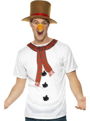 Sneeuwpop Verkleedset 3-Delig - wit T-shirt met print, bruine hoed en wortelneus. Wij verkopen vele bijpassende kerstaccessoires apart in onze webshop met hoge kortingen.
