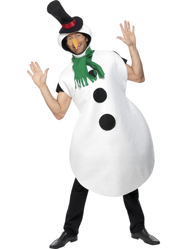 Sneeuwpop Heren Kostuum - compleet Sneeuwpop kostuum, inclusief sneeuwpop bodysuit, hoed, sjaal en wortelneus.