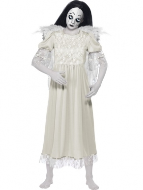 Living Dead Witte Pop Verkleedkleding - Met lange zwarte pruik ben je het meisje uit The Ring. Inbegrepen is de witte jurk met mooie details, de vleugels en het masker. De 91cm lange zwarte pruik verkopen wij los in onze webwinkel.