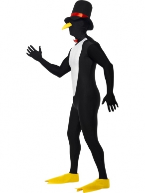 Pinguin Second Skin Morph Suit - originele morphsuit met pinguin print, inclusief hoed, snavel, vlinderstrik en bootcovers. De morphsuits zijn gemaakt van stretch lycra, waardoor het zich naadloos aanpast aan ieder figuur. U kunt makkelijk door het kostuum ademen. Er zit een opening onder de kin.