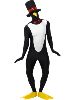 Pinguin Second Skin Morph Suit - originele morphsuit met pinguin print, inclusief hoed, snavel, vlinderstrik en bootcovers. De morphsuits zijn gemaakt van stretch lycra, waardoor het zich naadloos aanpast aan ieder figuur. U kunt makkelijk door het kostuum ademen. Er zit een opening onder de kin.