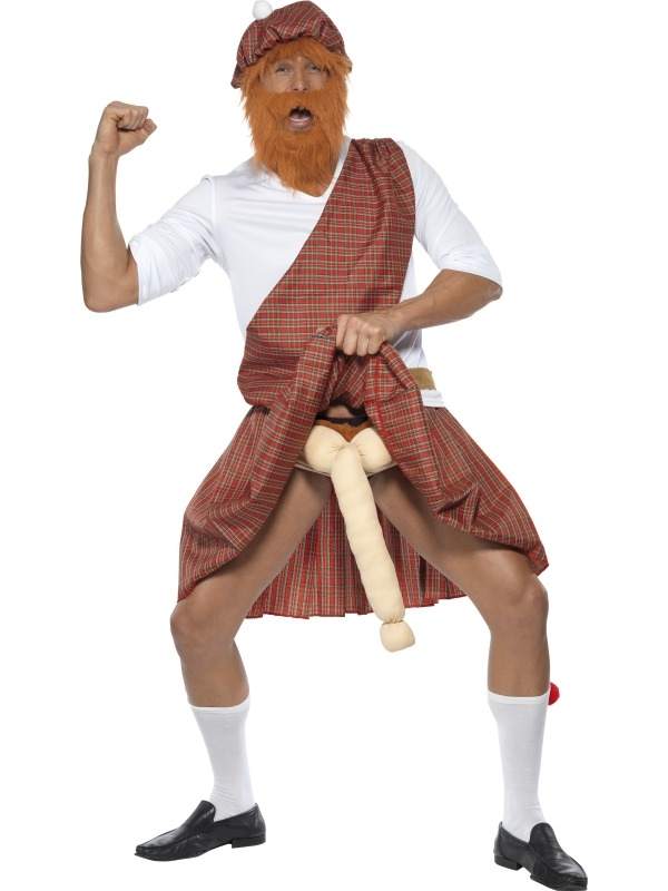Well Hung Highlander Heren Verkleedkleding. Inclusief muts met haar en baard, shirt, sjerp, kilt, sokken en riem met penis. 