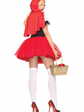 Zeg roodkapje waar ga je heen? Jij gaat naar dat gave verkleedfeest bij jou in de buurt. Het Racy Red Riding Hood Kostuum bestaat uit een sexy jurkje met veter detail aan de voorzijde en aangehechte cape met capuchon. Je bent om op te eten in dit kostuum, dus kijk maar uit voor de grote boze wolf.