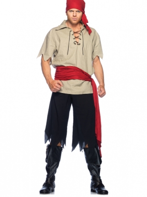 4 Delig Cutthroat Piraten Heren Verkleedkostuum Set. Inbegrepen is het Shirt, de zwarte flarden broek, de rode sjerp en de rode bandana hoofddoek.  Geweldig voor Carnaval of een piraten themafeest. 