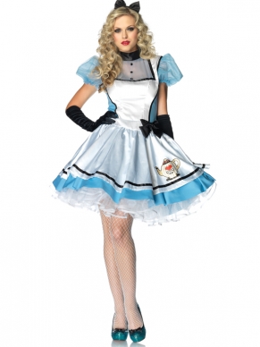 2PC. Tea Time Alice Costume Set With Satin Apron Dress Sheer Puff Sleeves And Headband