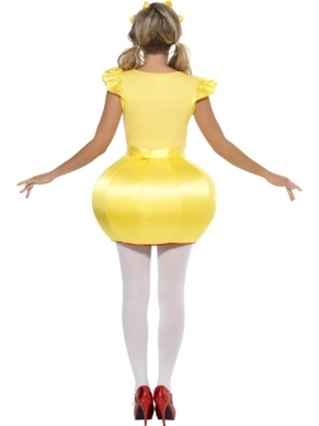 Little Miss Sunshine Dames Verkleedkleding. Vrolijk geel verkleedkleding met top met little miss sunshine logo, gele bolle rok met print en diadeem met gele strikjes.