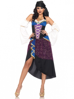 Je Tarot kaarten kan je thuis laten liggen, want vandaag is het tijd voor een verkleedfeest. Het Tarot Card Gypsy Kostuum bestaande uit een bustier,  rok met hoge split, hoofdoek en losse mouwen. Het kostuum heeft veel verschillende kleuren en veel details.