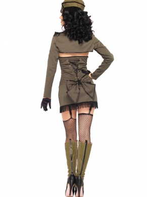 Exclusief Army Girl Leger Dames Kostuum 5 Delig. Het leger kostuum is van zeer goede kwaliteit en voorzien van de jurk met transparante bandjes, een grote strik aan de achterkant, vetersluiting, bolero met epauletten en de bijbehorende legerhoed. Geschikt voor vele themafeesten zoals Carnaval.