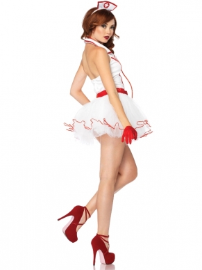Dit schattige zusters outfit is het Ravishing RN Kostuum. De petticoat jurk heeft een ritssluiting aan de voorzijde en is voorzien van rode details. Bij deze set zit ook nog de bijpassende haaraccessoire. Leuk om aan te doen voor een thema feest of voor een spannend rollenspel avondje met je partner.