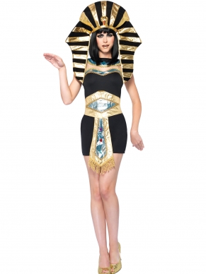 Deze Egyptische schoonheid regeerde over haar land in stijl. Het 4 delige  Queen Tut Kostuum, bestaande uit een jurk met gouden versierde riem, hals accesoire en natuurlijk de grote gouden hoed met slang detail. Ga snel over je feest regeren zodat niemand het vergeet.