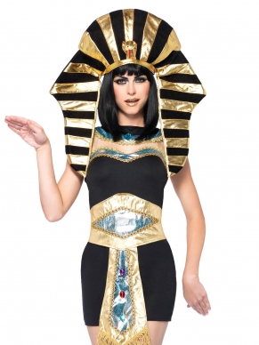Deze Egyptische schoonheid regeerde over haar land in stijl. Het 4 delige  Queen Tut Kostuum, bestaande uit een jurk met gouden versierde riem, hals accesoire en natuurlijk de grote gouden hoed met slang detail. Ga snel over je feest regeren zodat niemand het vergeet.