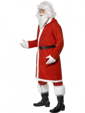 Kerstman Kostuum 3-delig - compleet Kerstman kostuum, inclusief lange rode jas met capuchon, witte baard en zwarte riem.