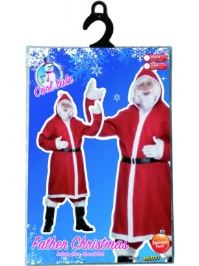 Kerstman Kostuum 3-delig - compleet Kerstman kostuum, inclusief lange rode jas met capuchon, witte baard en zwarte riem.