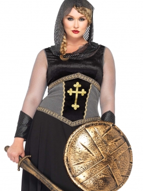 Joan Of Arc Dames Verkleedkostuum Leg Avenue Inbegrepen is de mooie Jurk uitgevoerd in metaallook stoffen. De jurk heeft een kruisprint op de voorzijde, overliggende rokpanelen en kunstleren armmanchetten.