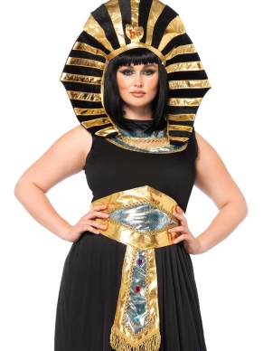 Mooi 4 Delig Egyptische Koningin Queen Tut Dames Kostuum Verkleedset  bestaande uit een zwarte lange jurk met een gouden versierde riem, een hals versiering en hoed.
