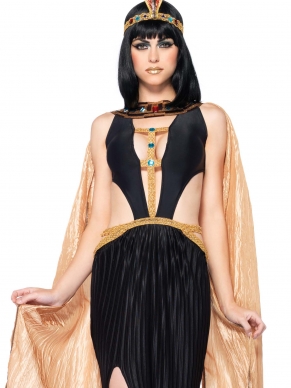 2 Deling Cleopatra Dames Leg Avenue Verkleedkostuum bestaande uit een lange jurk met diepe V-hals, hoge split, uitsnedes, juweel accenten en vastzittende nek accessoire en haarband met slang.