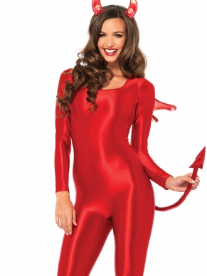 Wil je graag nagekeken worden op een verkleedfeestje. Het Devil Catsuit zorgt er zeker voor dat je opvalt op een feestje. De Catsuit is gemaakt van Elasthaan voor een glimmend effect. De rits zit op de achterzijde van het kostuum.