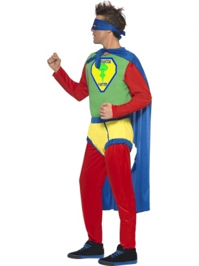 Phantom Farter Hero Helden Verkleedkleding. Inbegrepen is dit helden kostuum (shirt & broek) met gele losse onderbroek, cape en masker.