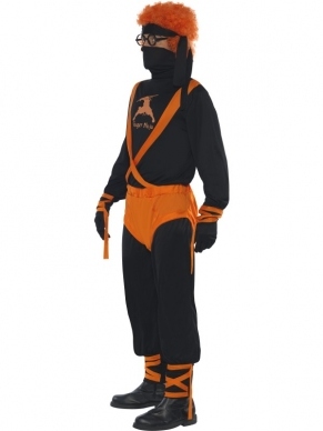 Ginger Ninja Super Hero Helden Kostuum. Inbegrepen is het gehele zwart/ oranje ninja kostuum met: Ginger Ninja print/logo en het masker. De afro pruik verkopen we los in onze webwinkel.