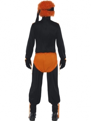 Ginger Ninja Super Hero Helden Kostuum. Inbegrepen is het gehele zwart/ oranje ninja kostuum met: Ginger Ninja print/logo en het masker. De afro pruik verkopen we los in onze webwinkel.