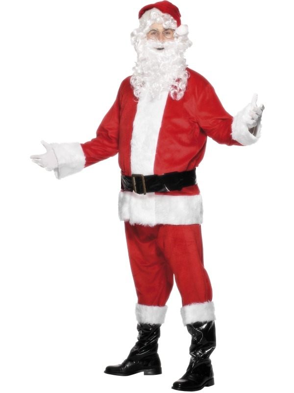 Velours Kerstman Kostuum 6-delig - compleet Kerstman kostuum, inclusief rood - witte jas, rode broek, kerstmuts met wit haar, witte baard, zwarte riem en zwarte boot covers. Wij verkopen verschillende accessoires met leuke kortingen!
