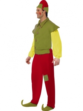 Elf Heren Kostuum - groene top met gele mouwen, rode broek en elfenmutsje.