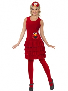 Sesam Straat Elmo Dames Verkleedkleding. Inbegrepen is de rode jurk met geplooide rok en Elmo teken en Elmo Haarband. We verkopen nog meer Sesam Straat karakters.