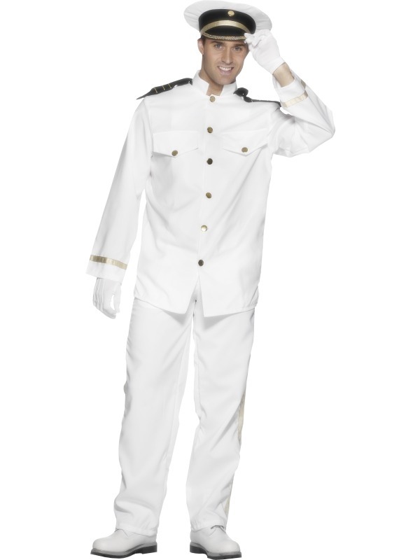  Compleet Kapitein heren kostuum, bestaande uit de jas met gouden knopen, broek, handschoenen en kapiteinspet.