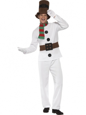 Mr Snowman Kostuum - compleet Sneeuwpop kostuum, inclusief top met aangehechte riem, broek, hoed en sjaal.