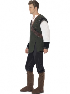 Robin Hood Heren Kostuum. Compleet heren kostuum. Inbegrepen is de broek, het shirt, de riem met pijl houder en de boot covers (hoezen voor over de schoenen). We verkopen ook het dames Robin Hood Kostuum.