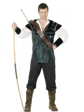 Robin Hood Heren Kostuum. Compleet heren kostuum. Inbegrepen is de broek, het shirt, de riem met pijl houder en de boot covers (hoezen voor over de schoenen). We verkopen ook het dames Robin Hood Kostuum.